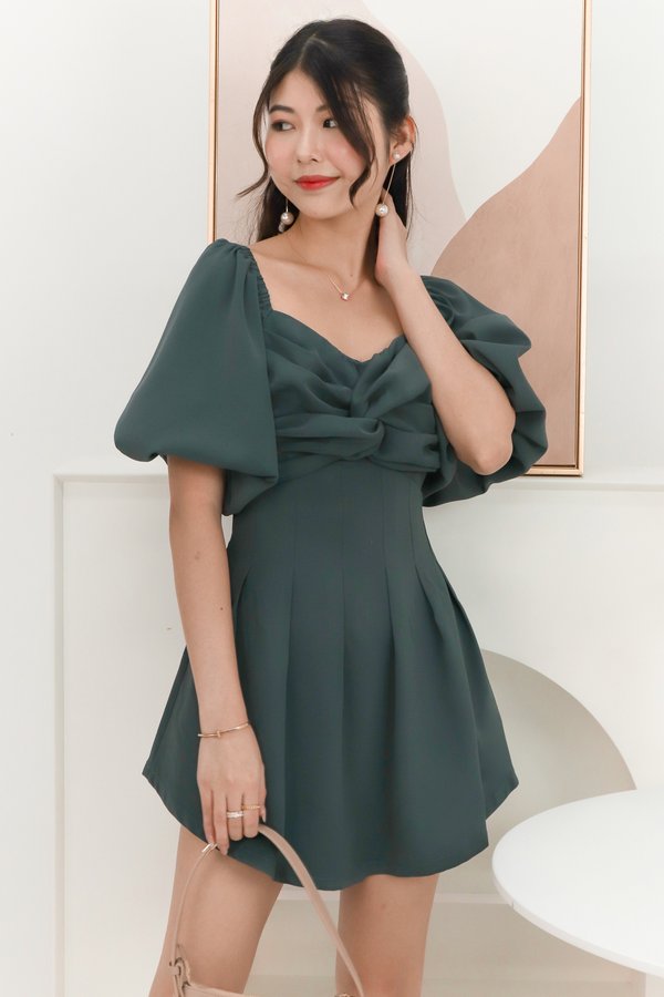 Paola Puffy Sleeved Romper Dress in Muted Green