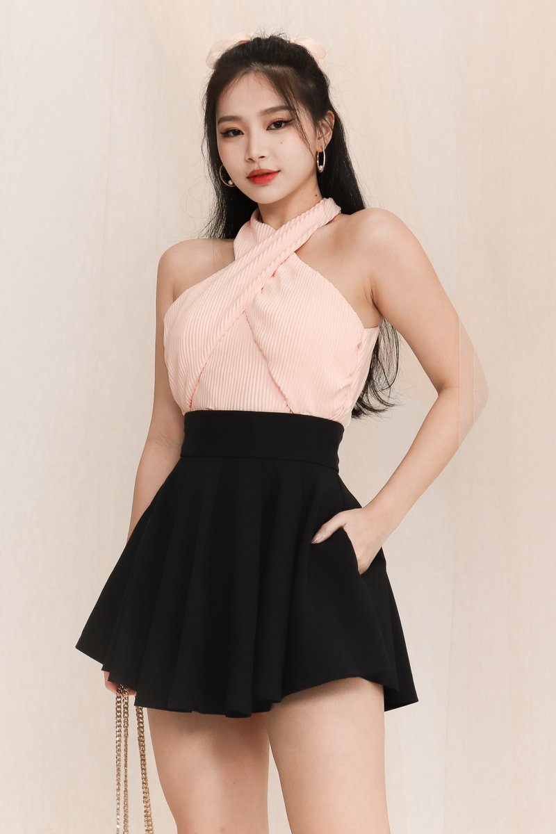 Plisse Pleats Halter Top in Light Blush
