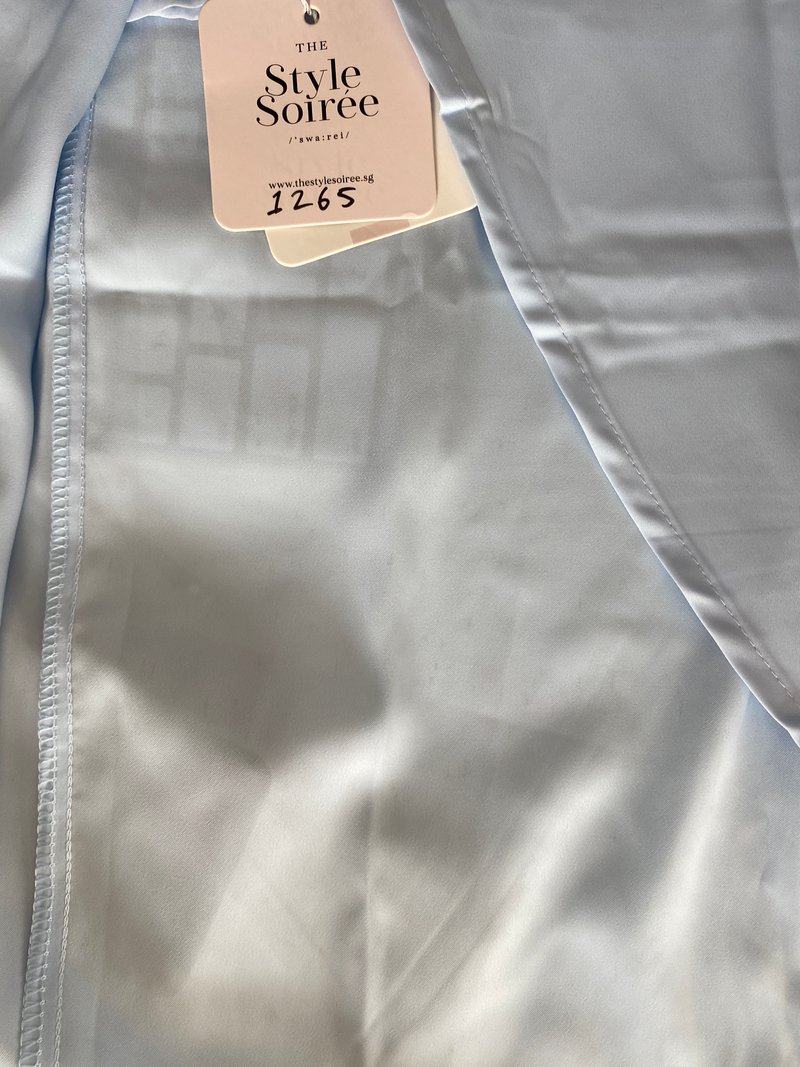 DEFECT | Deliana Drape Satin Midi in Pastel Blue in M DEFECT | Deliana Drape Satin Midi in Pastel Blue in M