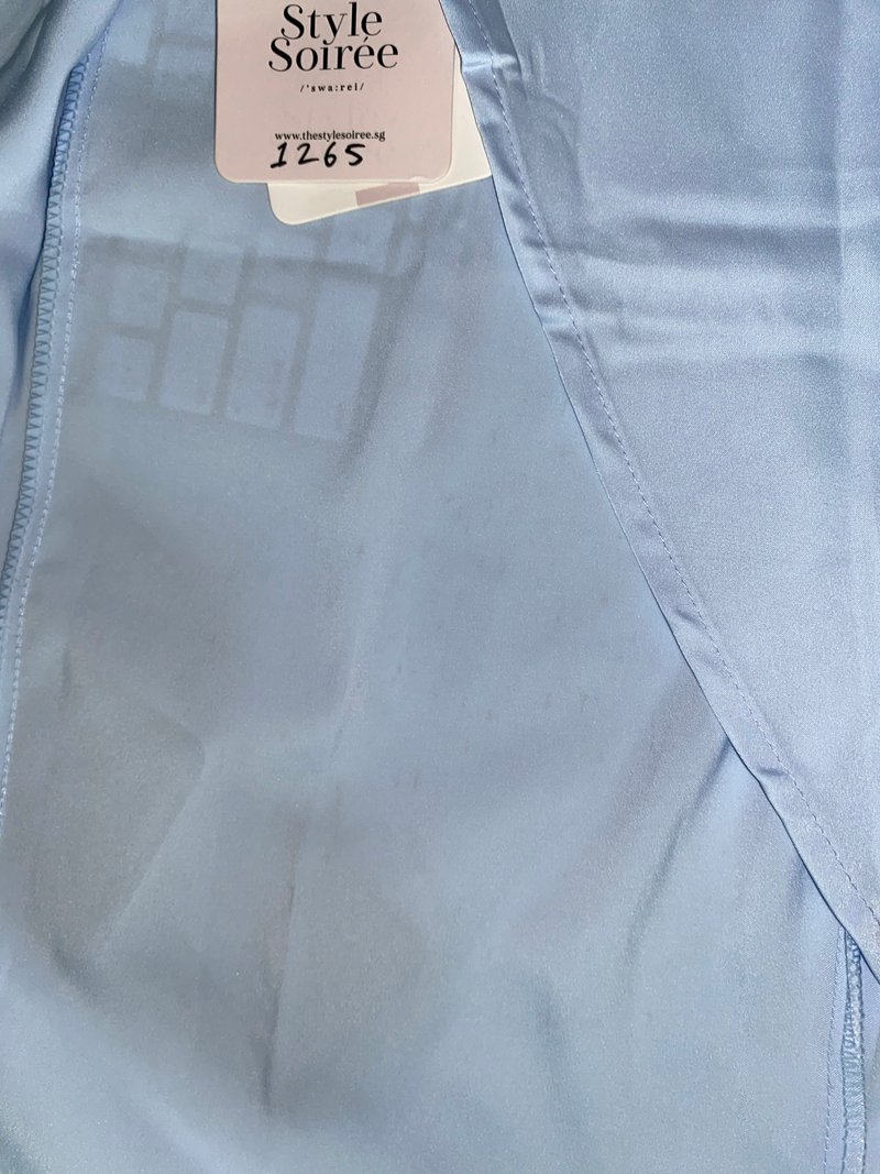 DEFECT | Deliana Drape Satin Midi in Pastel Blue in M DEFECT | Deliana Drape Satin Midi in Pastel Blue in M