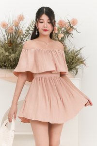 Praise Pleat Offshoulder Romper Dress in Blush Praise Pleat Offshoulder Romper Dress in Blush