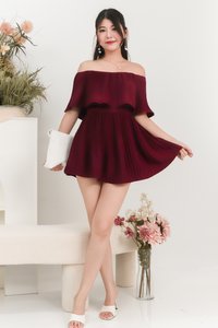Praise Pleat Offshoulder Romper Dress in Maroon Praise Pleat Offshoulder Romper Dress in Maroon