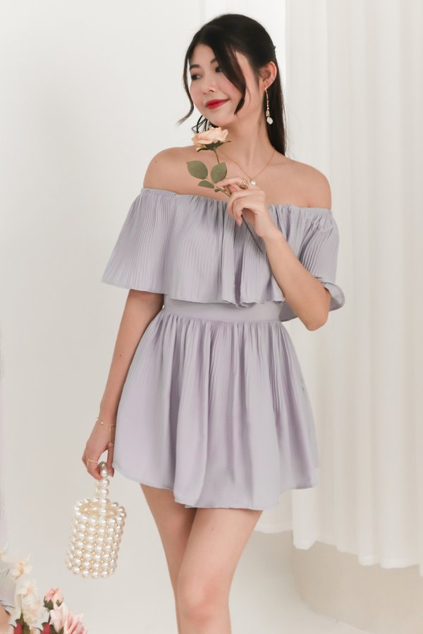 Praise Pleat Offshoulder Romper Dress in Lilac Grey