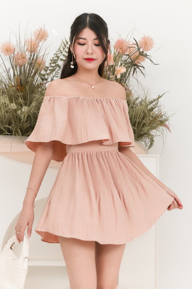 Praise Pleat Offshoulder Romper Dress in Blush