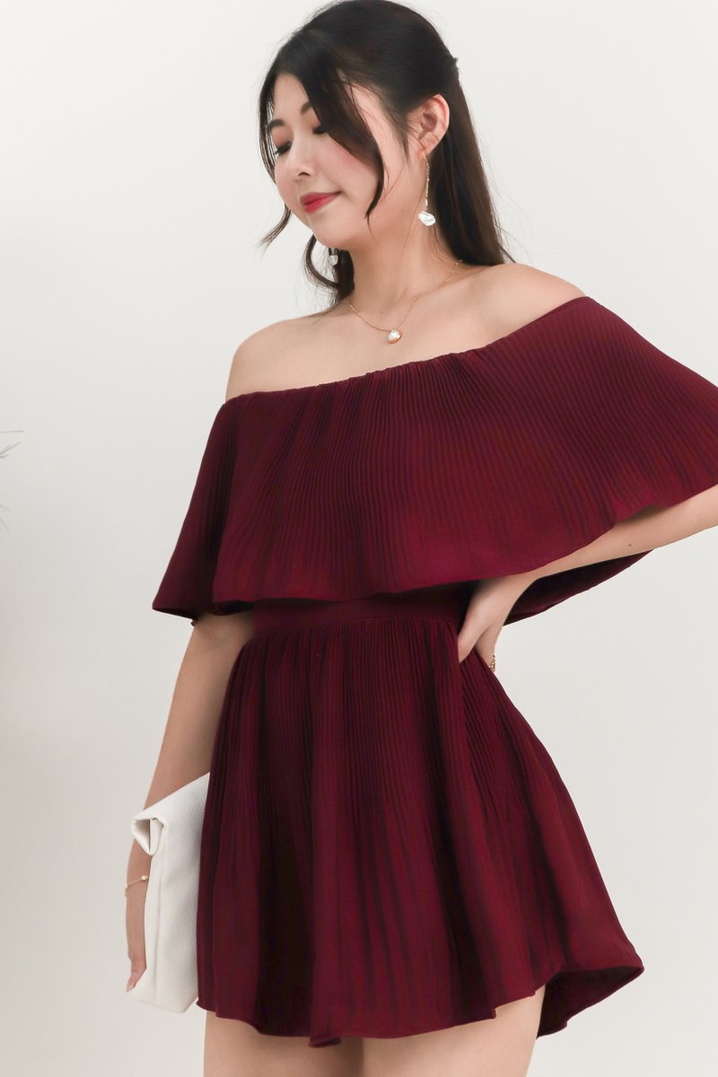 Praise Pleat Offshoulder Romper Dress in Maroon