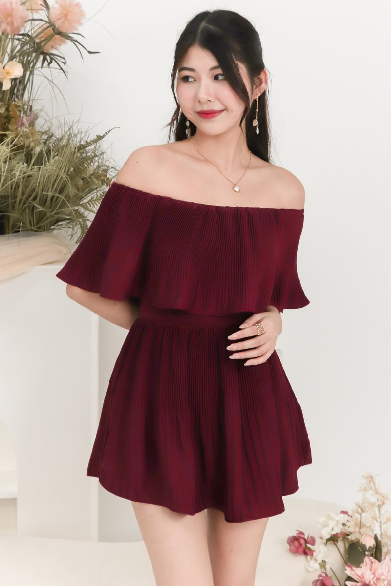 Praise Pleat Offshoulder Romper Dress in Maroon