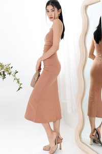 Pearlynn Padded Ruched Midi V1 in Almond Brown Pearlynn Padded Ruched Midi V1 in Almond Brown