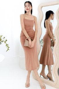 Pearlynn Padded Ruched Midi V1 in Almond Brown Pearlynn Padded Ruched Midi V1 in Almond Brown