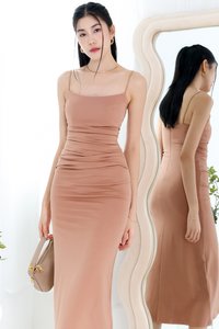 Pearlynn Padded Ruched Midi V1 in Almond Brown Pearlynn Padded Ruched Midi V1 in Almond Brown