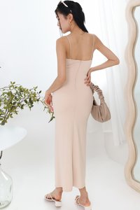 DEFECT | Pearlynn Padded Ruched Midi in Nude in S DEFECT | Pearlynn Padded Ruched Midi in Nude in S