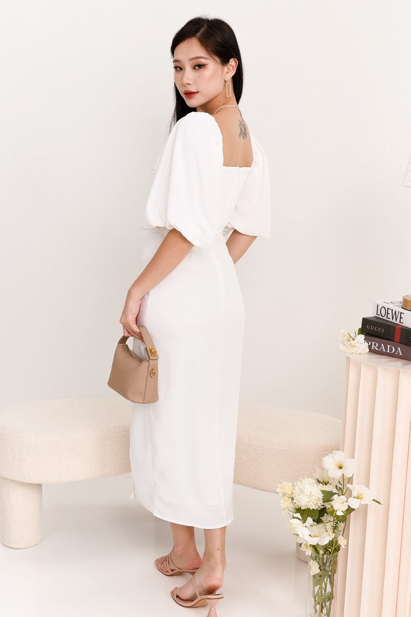 DEFECT | Paline Pleated Midi Dress in White in XXS