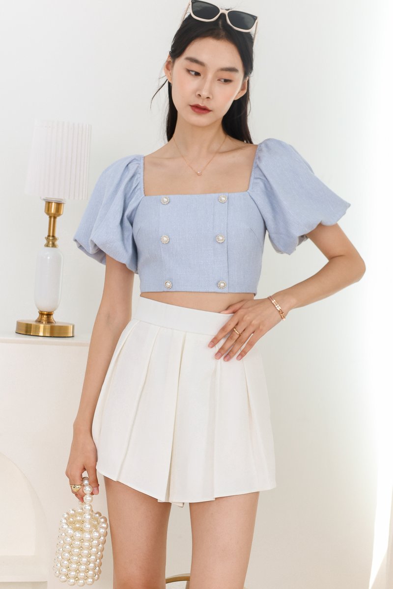 Tina Tweed Sleeved Top in Light Blue