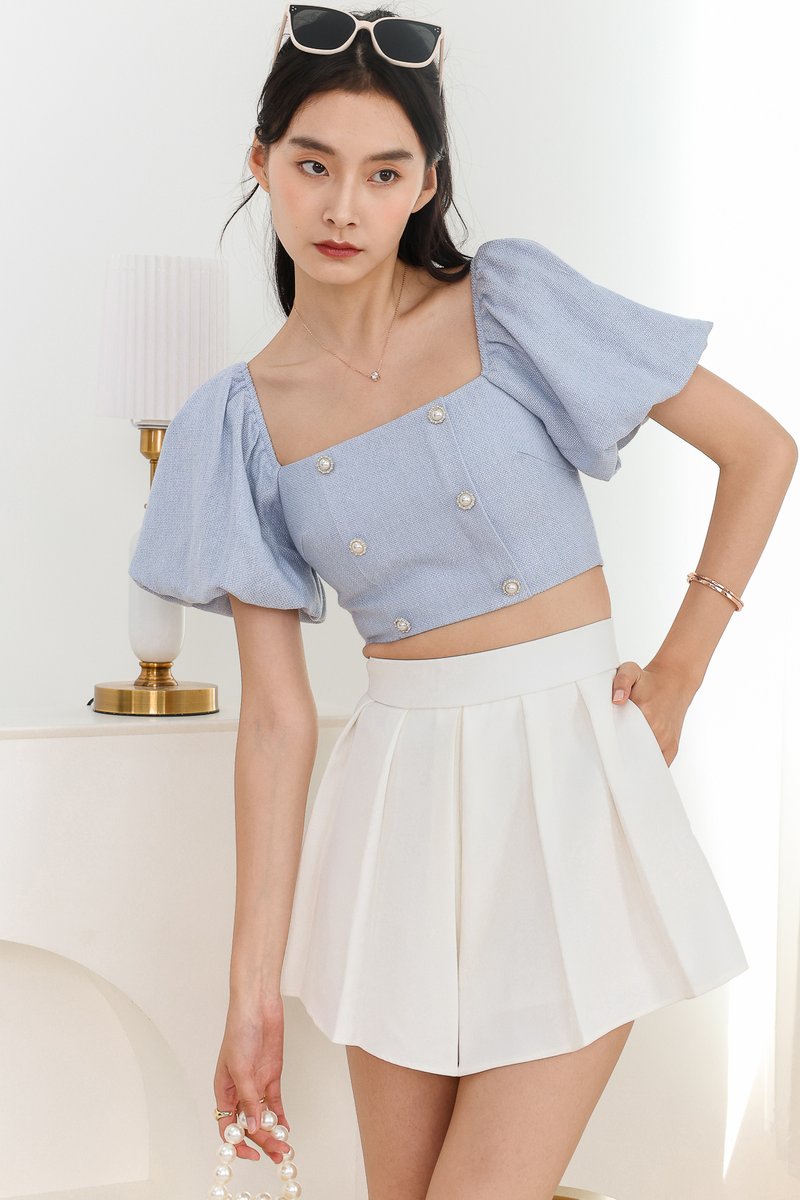 Tina Tweed Sleeved Top in Light Blue
