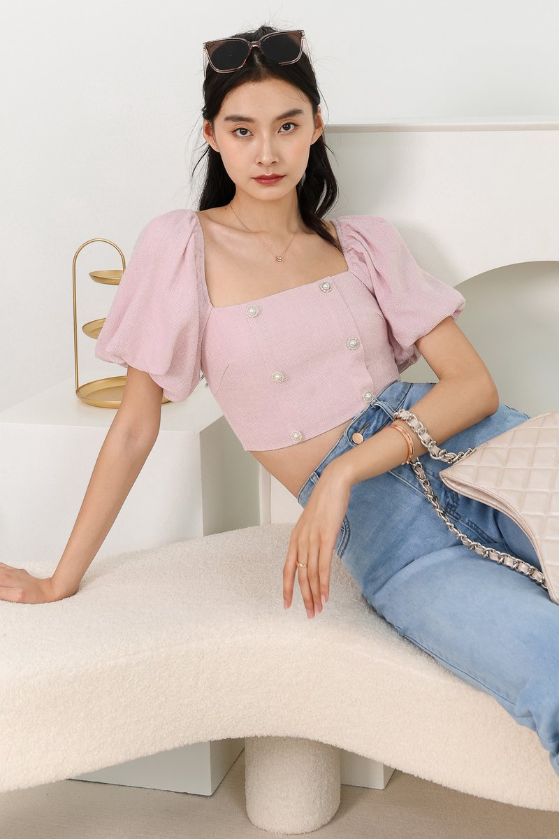 Tina Tweed Sleeved Top in Lilac Pink