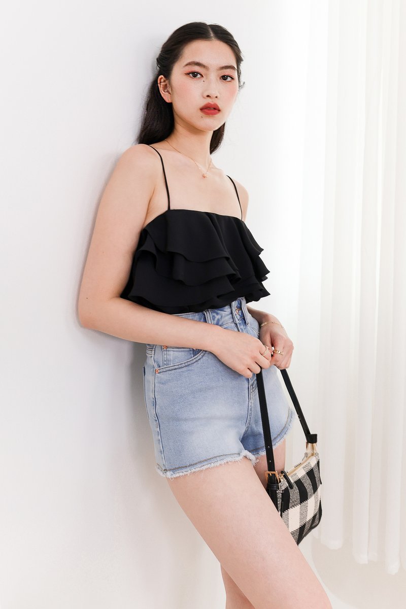 Renee Ruffle Spag Top in Black