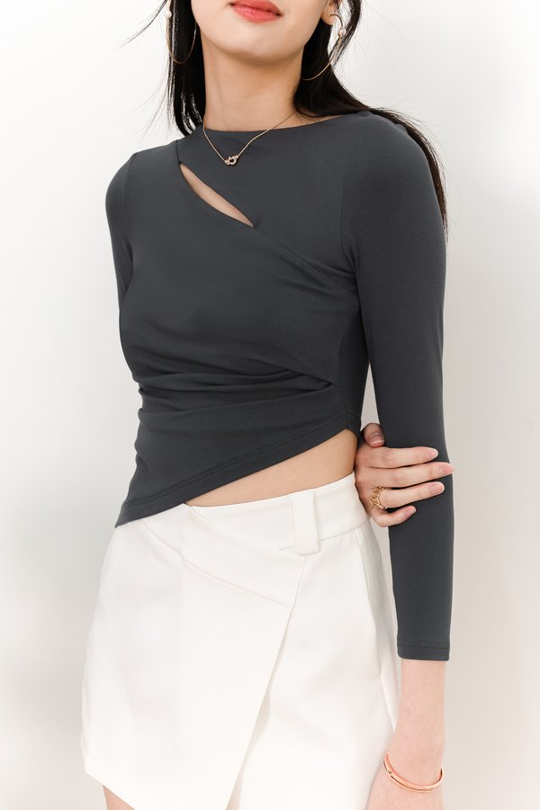 Asher Asymmetrical Sleeved Top in Muted Teal Grey
