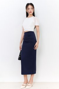 Rachel Ruched Midi Skirt in Navy