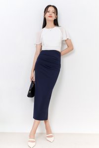 Rachel Ruched Midi Skirt in Navy