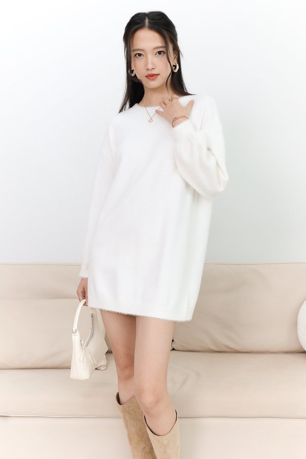 Fable Furry Sweater Dress in White