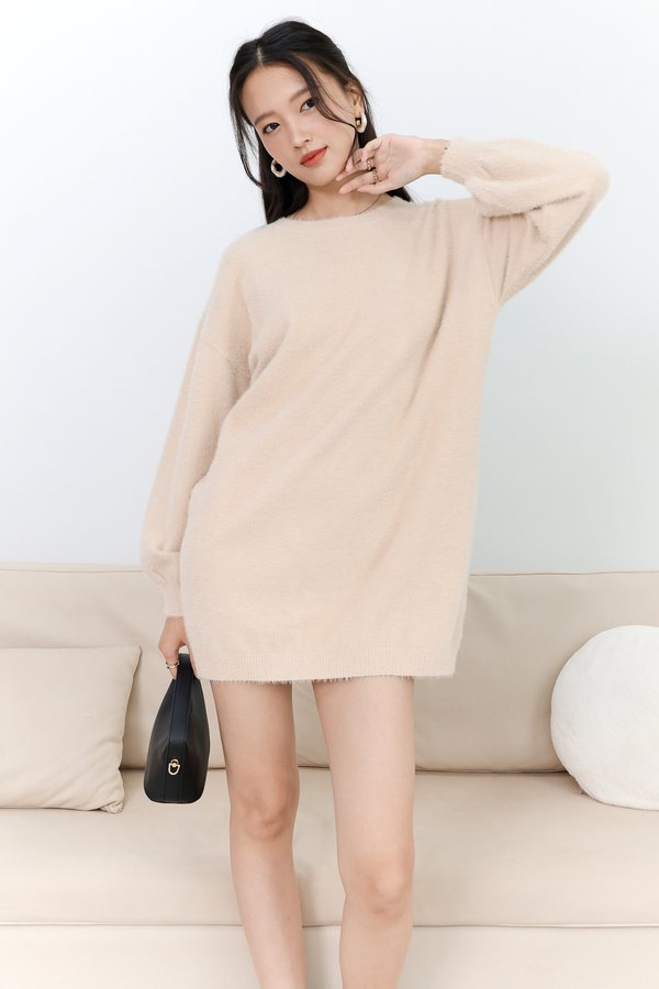 Fable Furry Sweater Dress in Oat