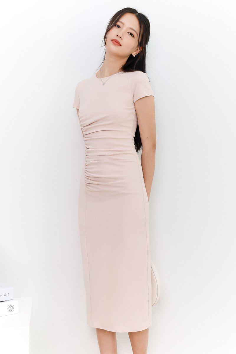 DEFECT | Ryenne Ruched Tee Midi in Blush in XS,S