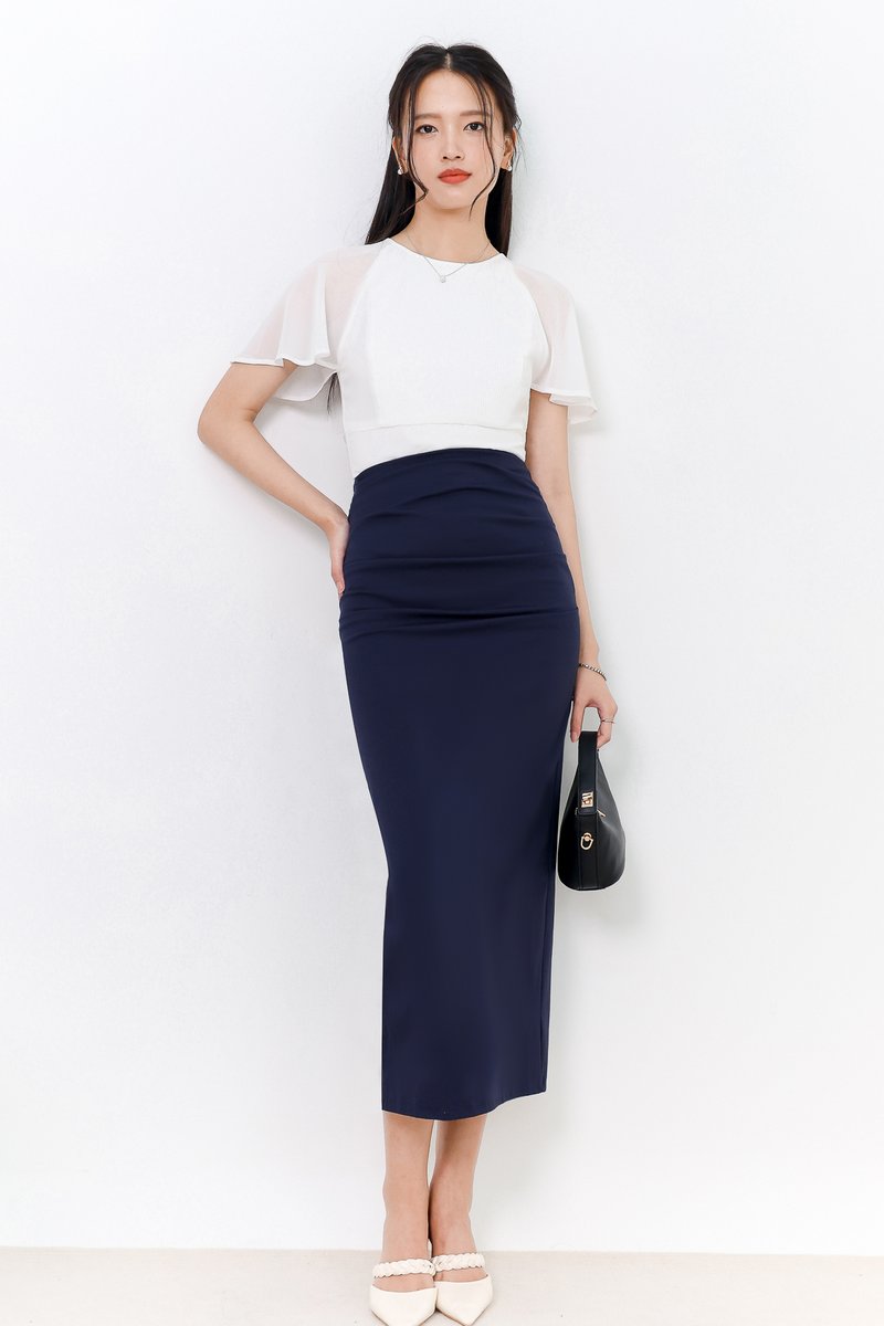 Rachel Ruched Midi Skirt in Navy