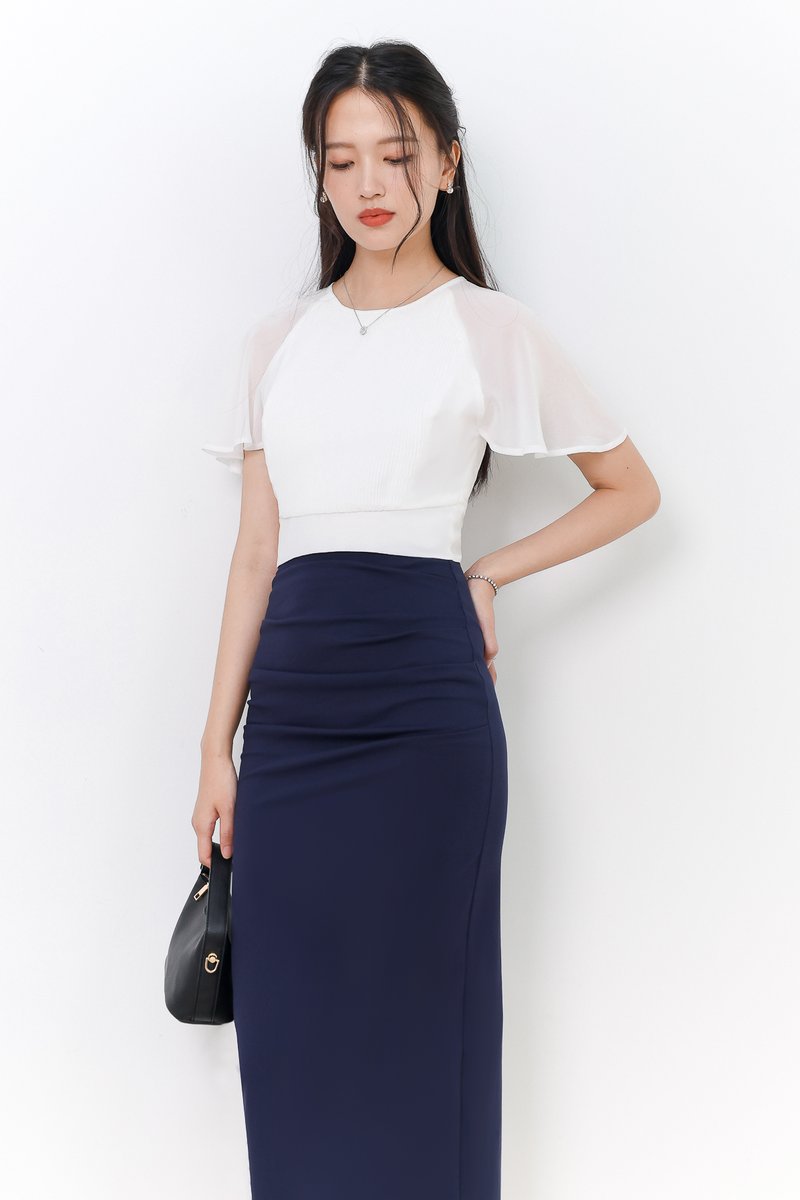 Rachel Ruched Midi Skirt in Navy