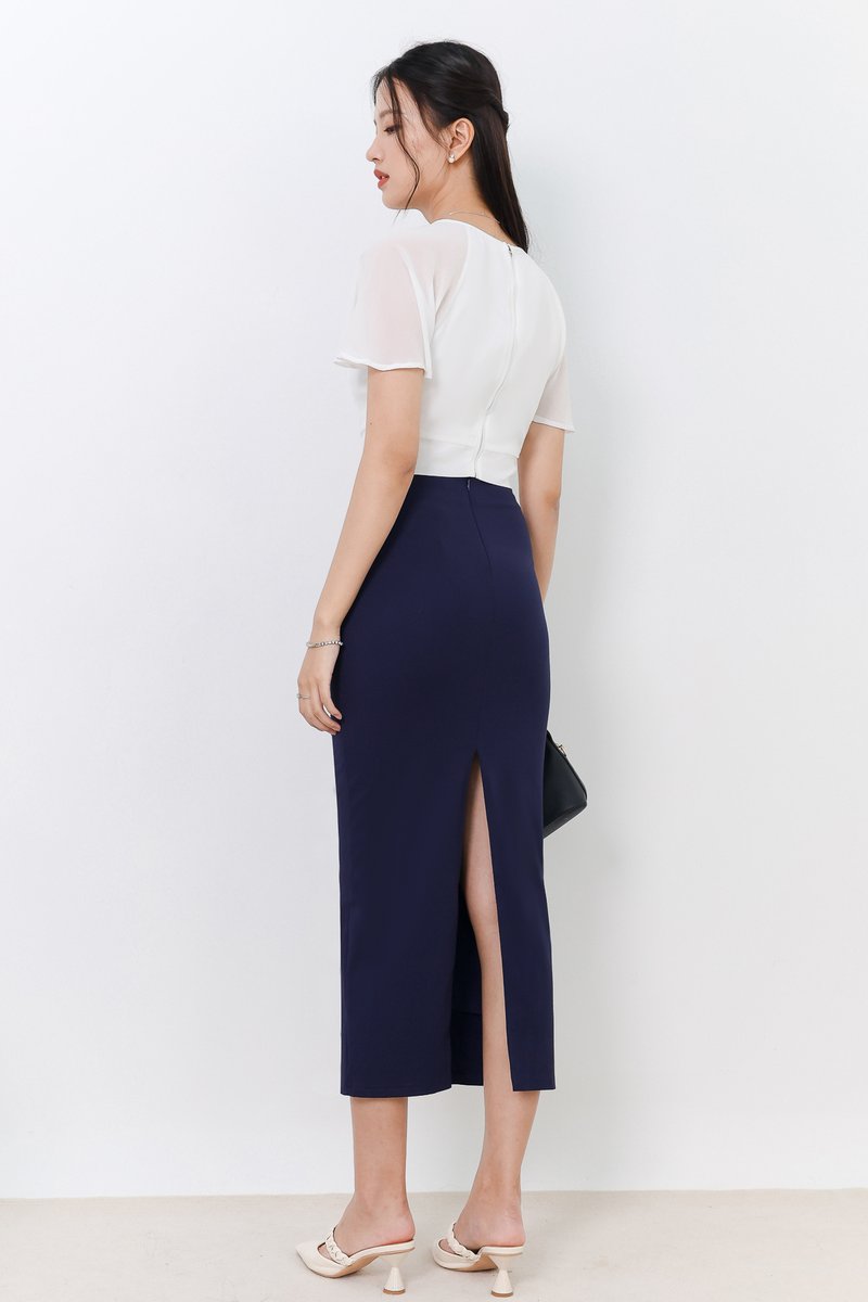 Rachel Ruched Midi Skirt in Navy