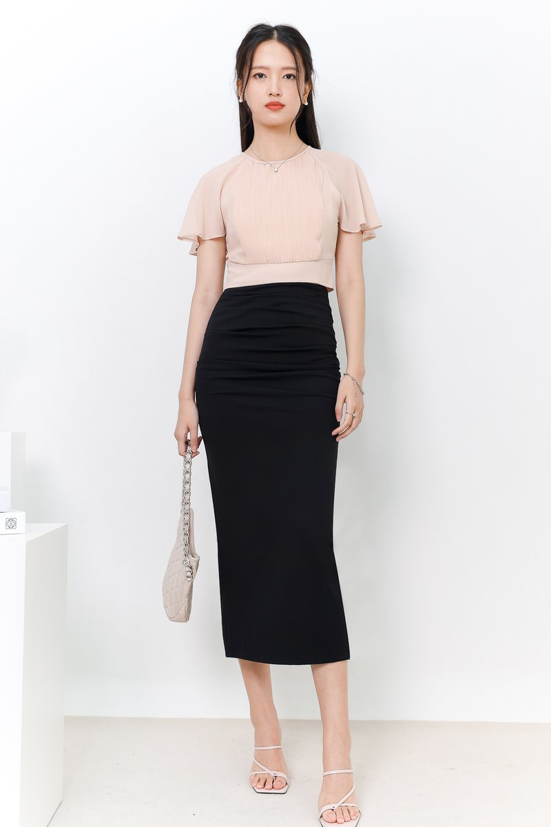 Rachel Ruched Midi Skirt in Black
