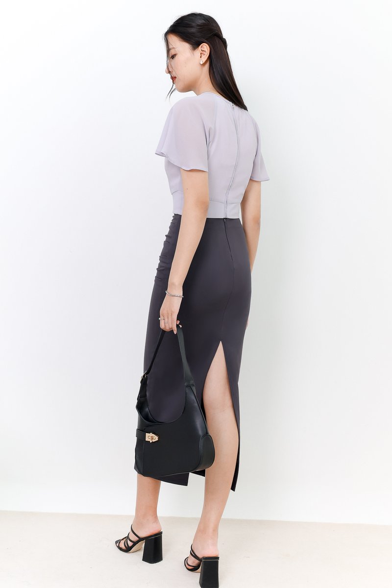 Rachel Ruched Midi Skirt in Dark Grey