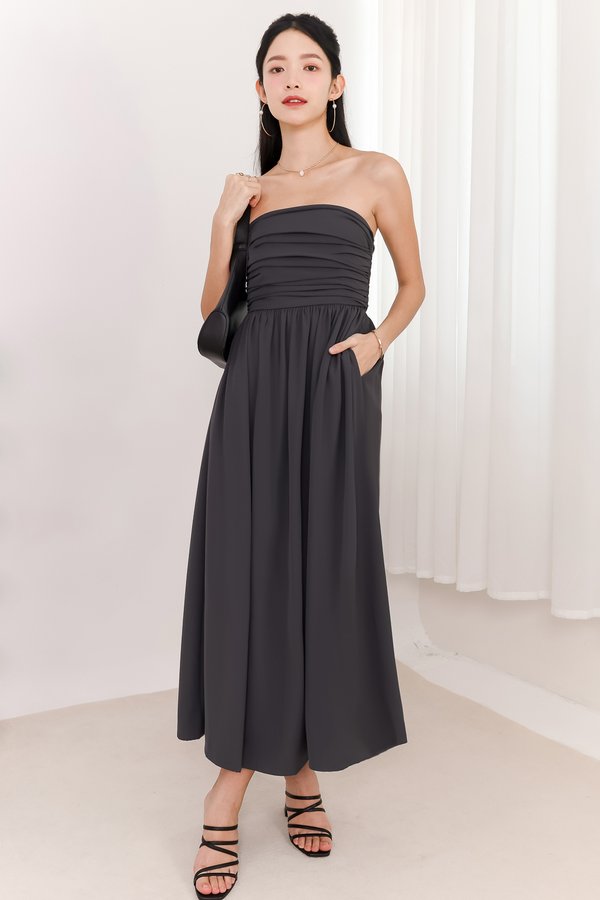 Teyrra Tube Ruched Midaxi Dress in Dark Grey