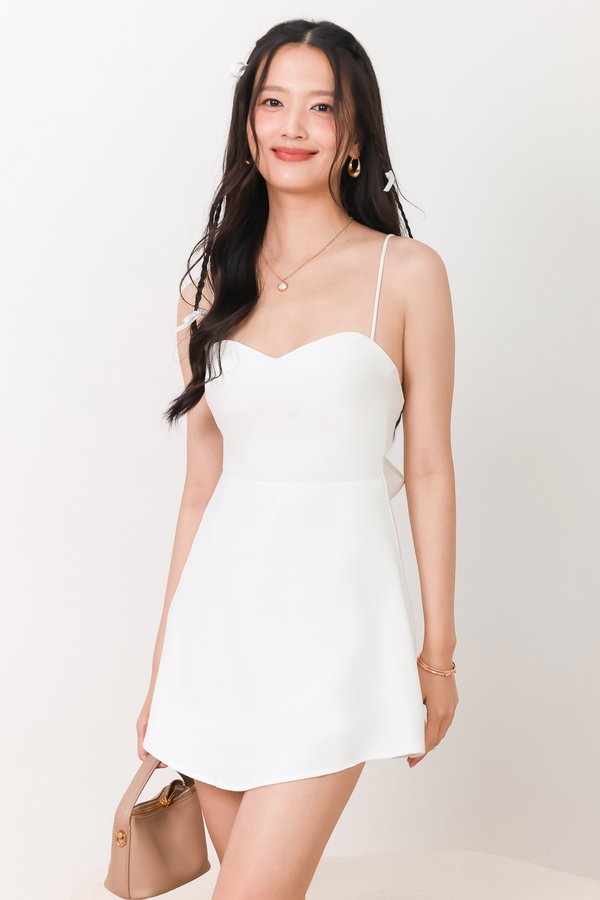 DEFECT | Reya Ribbon Back Romper Dress in White in XS