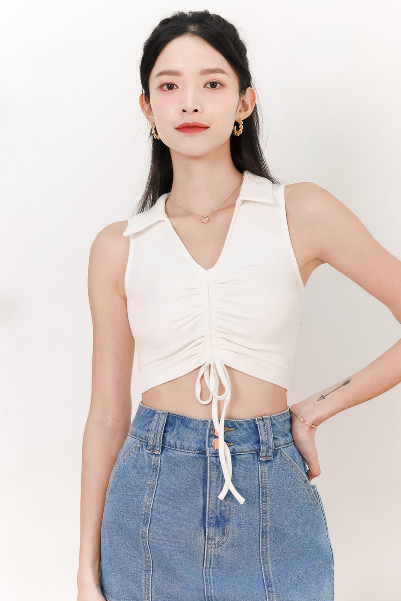 Collin Collar Ruched Top in White