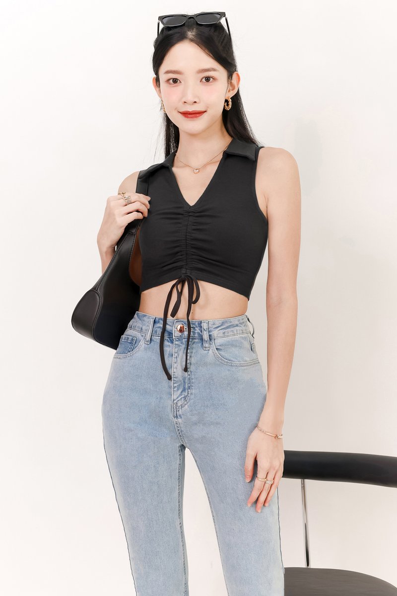 Collin Collar Ruched Top in Dark Grey Collin Collar Ruched Top in Dark Grey