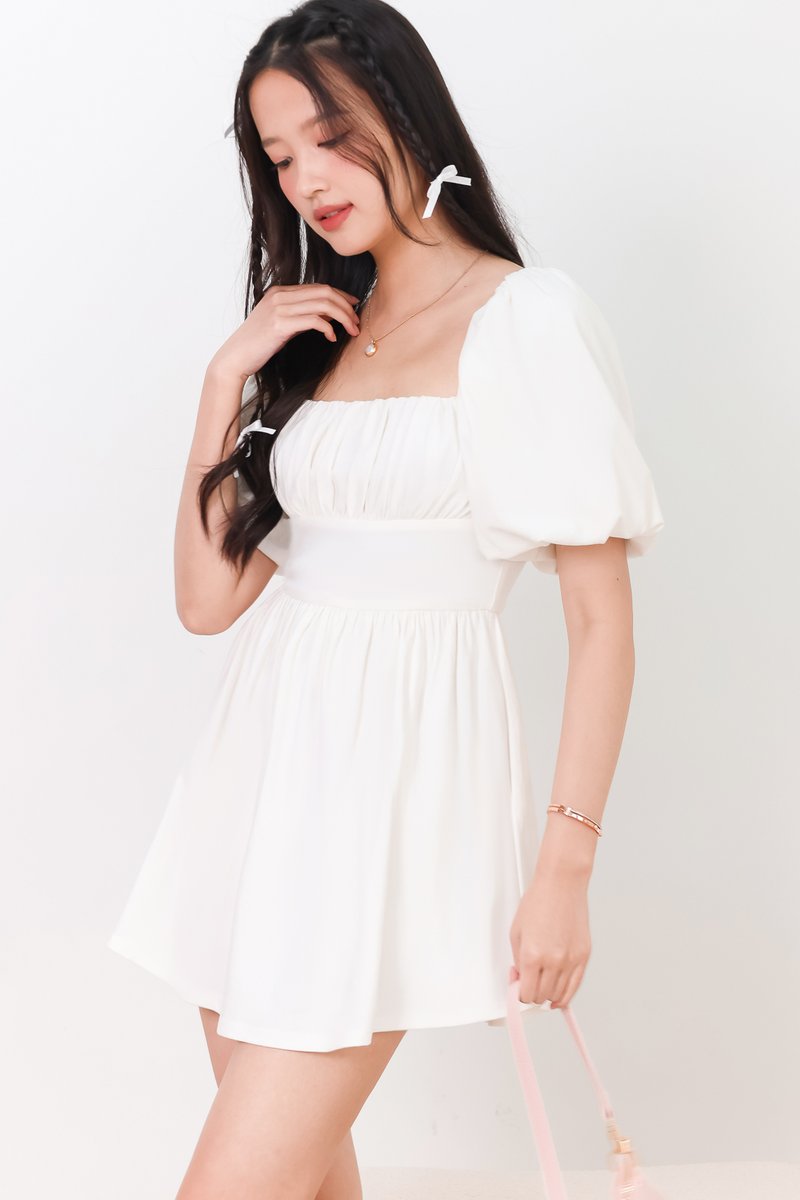 DEFECT | Sedrina Sleeved Ruched Romper Dress in White in S