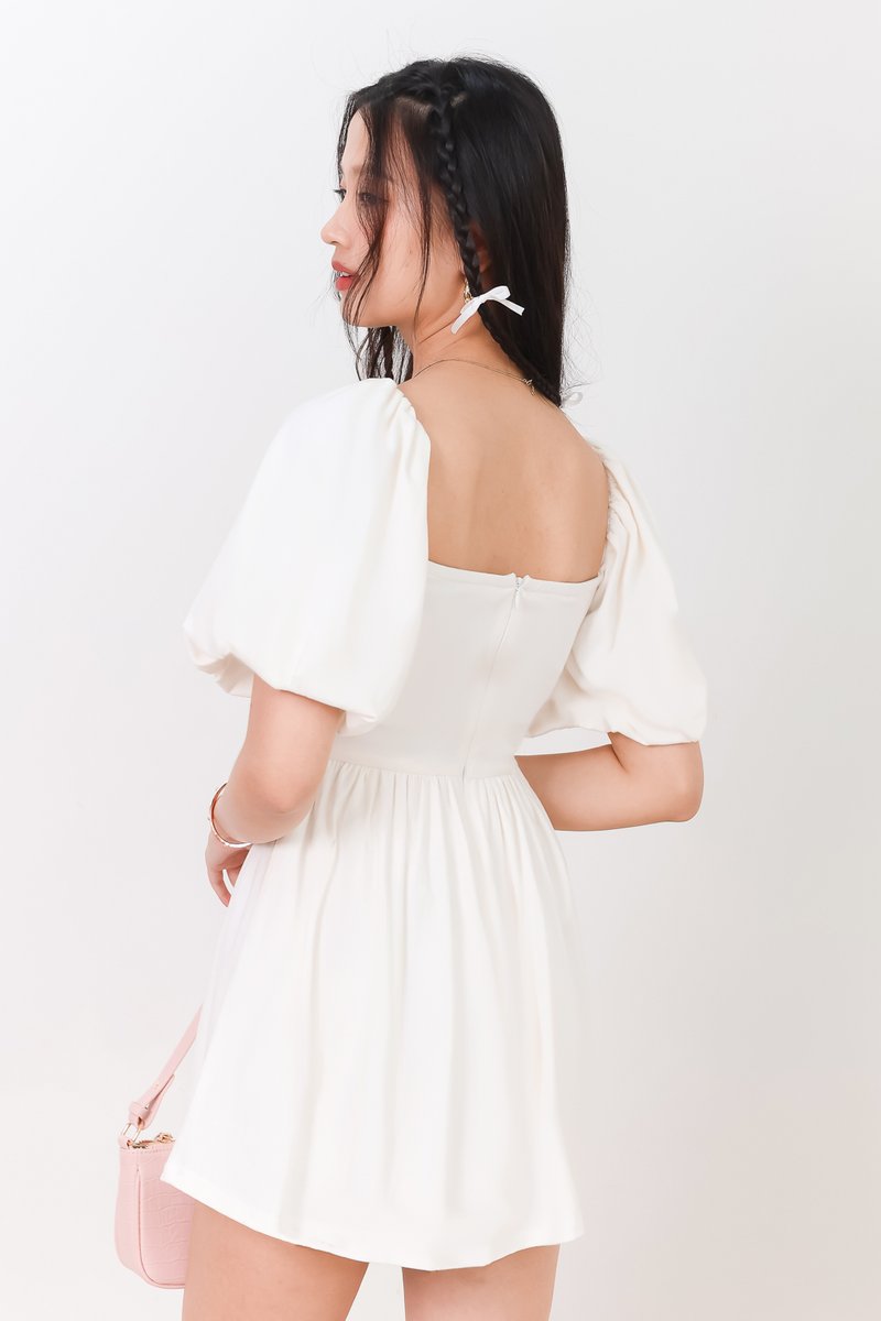 DEFECT | Sedrina Sleeved Ruched Romper Dress in White in S
