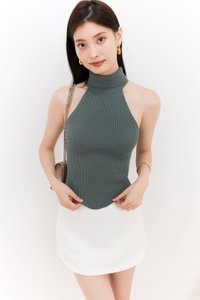 Hera High Neck Knit Top in Muted Forest