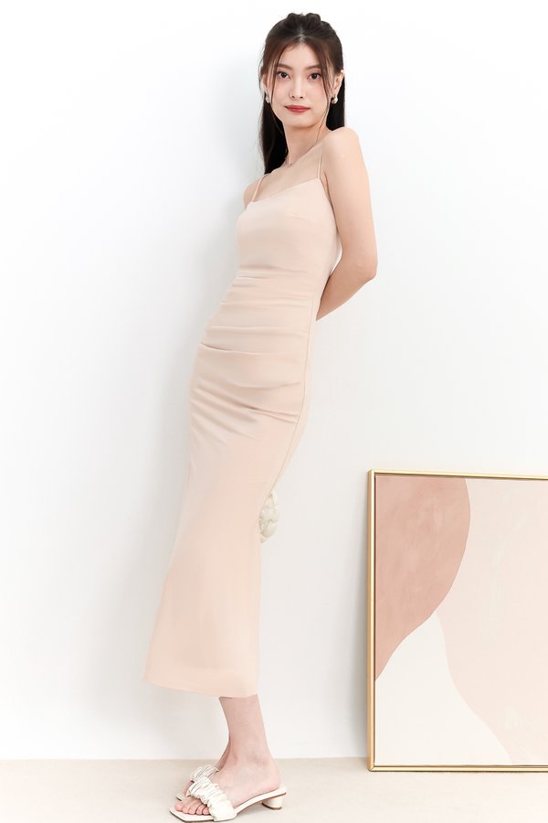 DEFECT | Pearlynn Padded Ruched Midi V2 in Nude in XS
