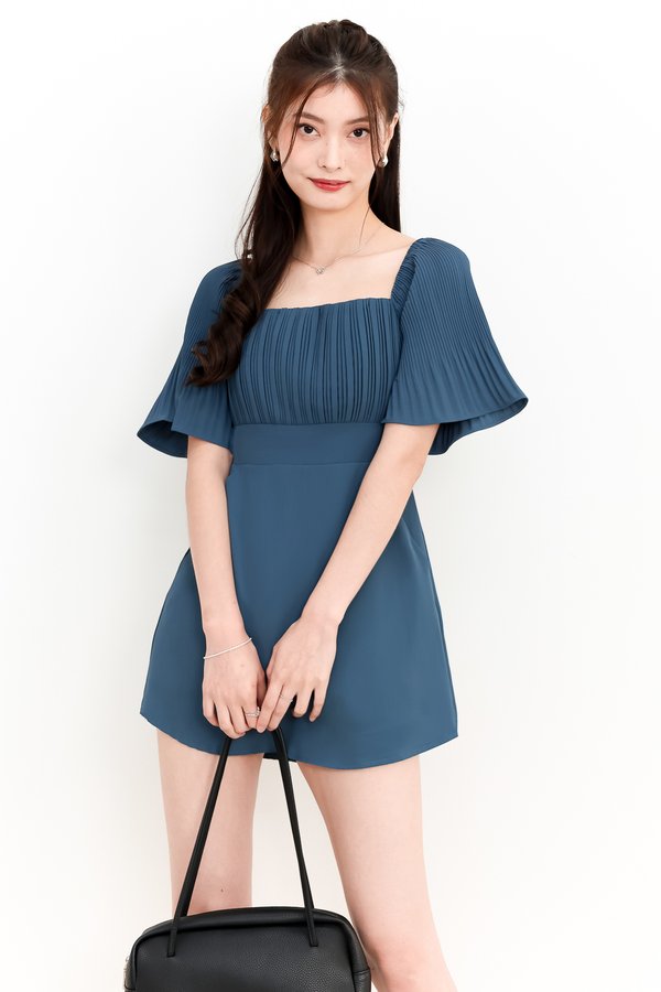 Polly Pleat Romper Dress in Steel Blue