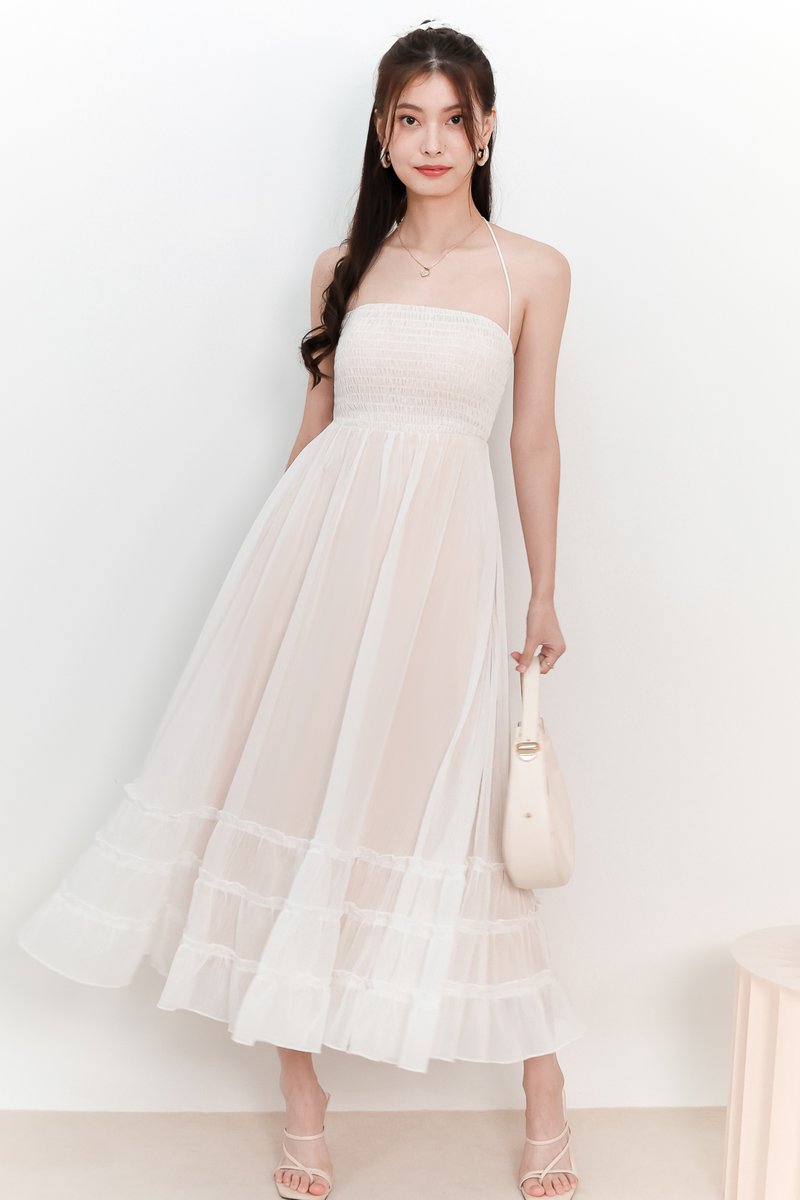 DEFECT | Cedrine Chiffon Smocked Midaxi in White x Nude in S