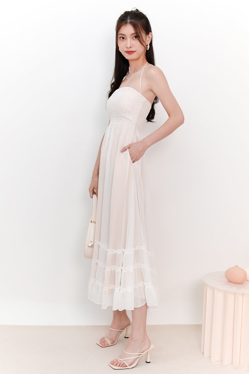 DEFECT | Cedrine Chiffon Smocked Midaxi in White x Nude in S