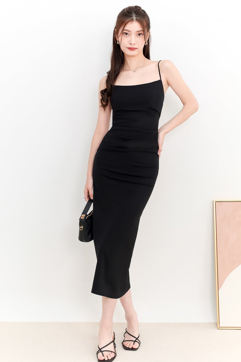 RESTOCKS 3 | Pearlynn Padded Ruched Midi V2 in Black