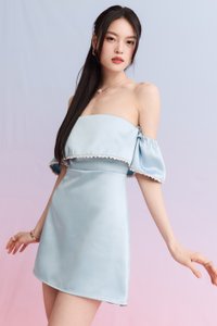 Paris Pearl Satin Romper Dress in Blue Paris Pearl Satin Romper Dress in Blue