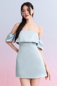 DEFECT | Paris Pearl Satin Romper Dress in Blue in XS