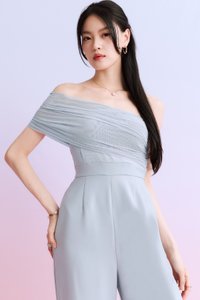 DEFECT | Madeline Mesh One Shoulder Jumpsuit in Light Blue in XS