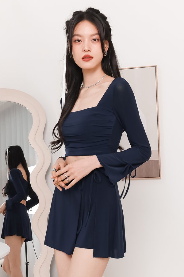 Rin Ribbon Sleeved Co-ord Top in Navy