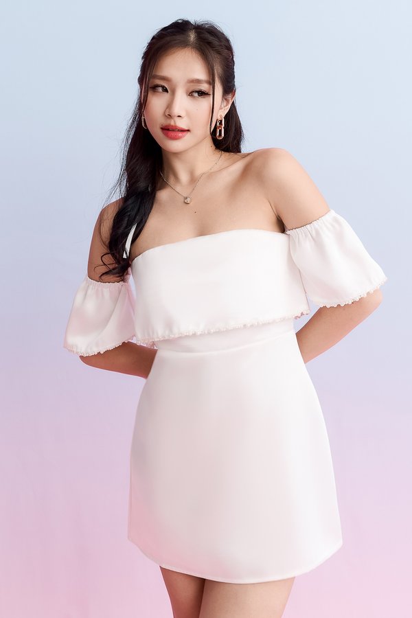 DEFECT | Paris Pearl Satin Romper Dress in White in S