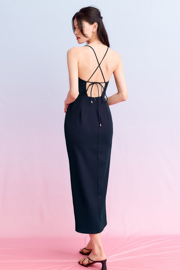 Taelyn Tie Back Ruched Midaxi in Midnight