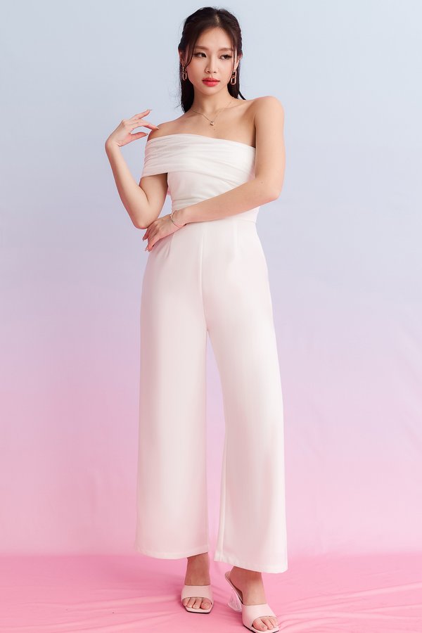 DEFECT | Madeline Mesh One Shoulder Jumpsuit in White in XS
