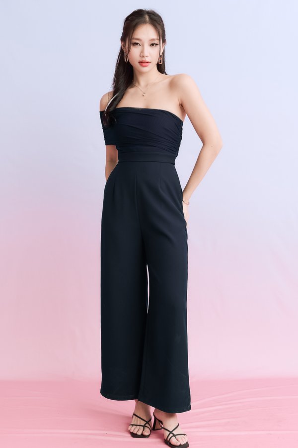 DEFECT | Madeline Mesh One Shoulder Jumpsuit in Midnight in M